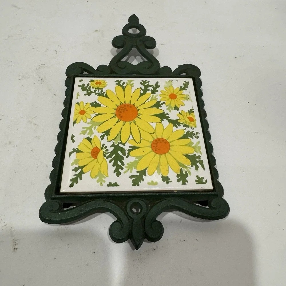 Pair Vtg 70s Ceramic Tile Cast Iron Trivet Green Orange Ladybugs Flowers Japan
